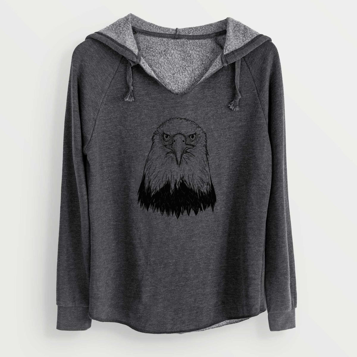Charcoal grey women's Cali Wave hooded sweatshirt laid flat, printed with a detailed black ink portrait of a bald eagle facing forward.