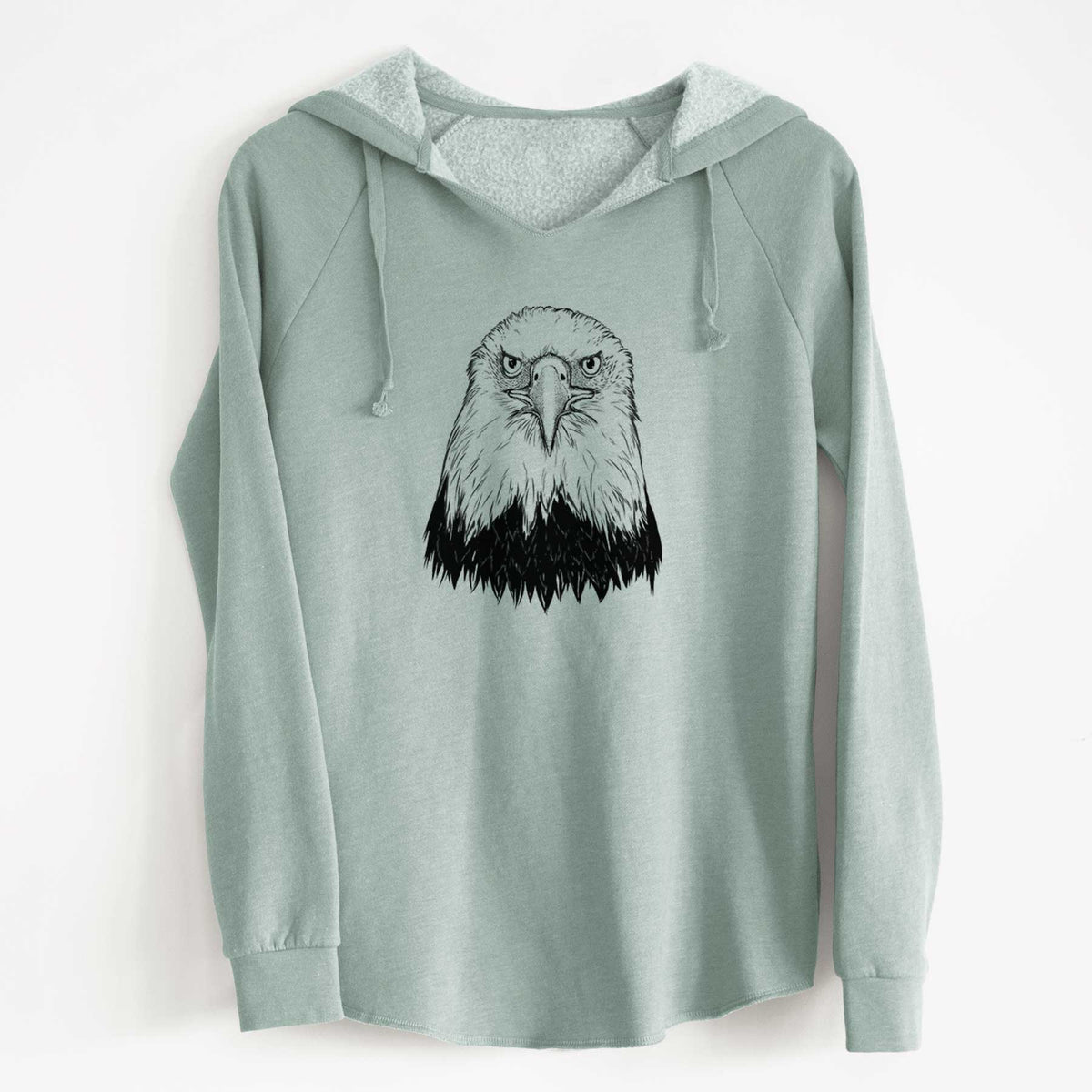 Sage green women's Cali Wave hooded sweatshirt laid flat, printed with a detailed black ink portrait of a bald eagle facing forward.