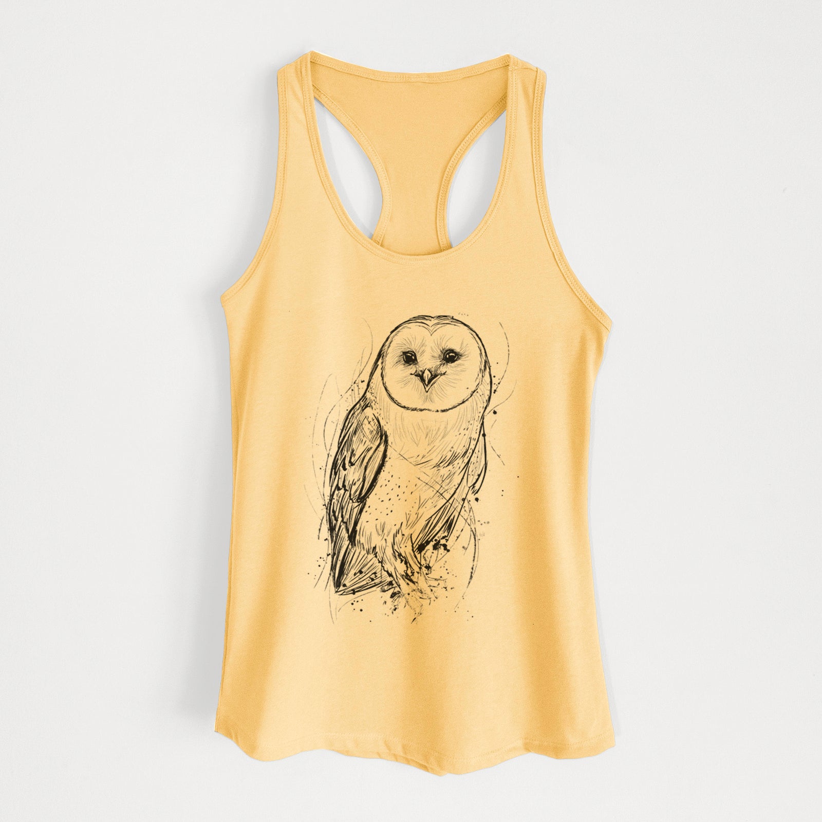 Banana cream women's racerback tank top laid flat, printed with a detailed black ink illustration of a barn owl standing and facing forward.
