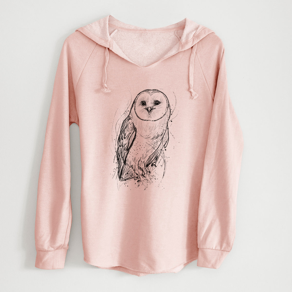 Blush pink women's Cali Wave hooded sweatshirt laid flat, printed with a detailed black ink illustration of a barn owl standing and facing forward.