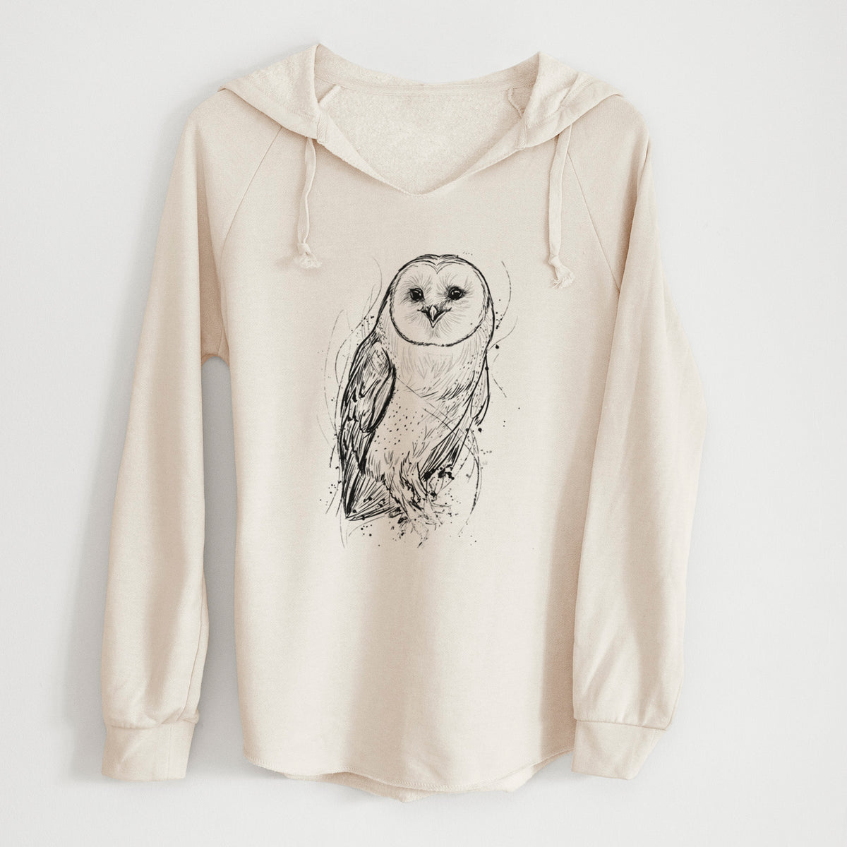 Bone cream women's Cali Wave hooded sweatshirt laid flat, printed with a detailed black ink illustration of a barn owl standing and facing forward.