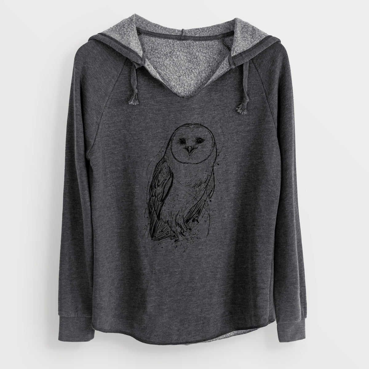 Charcoal grey women's Cali Wave hooded sweatshirt laid flat, printed with a detailed black ink illustration of a barn owl standing and facing forward.