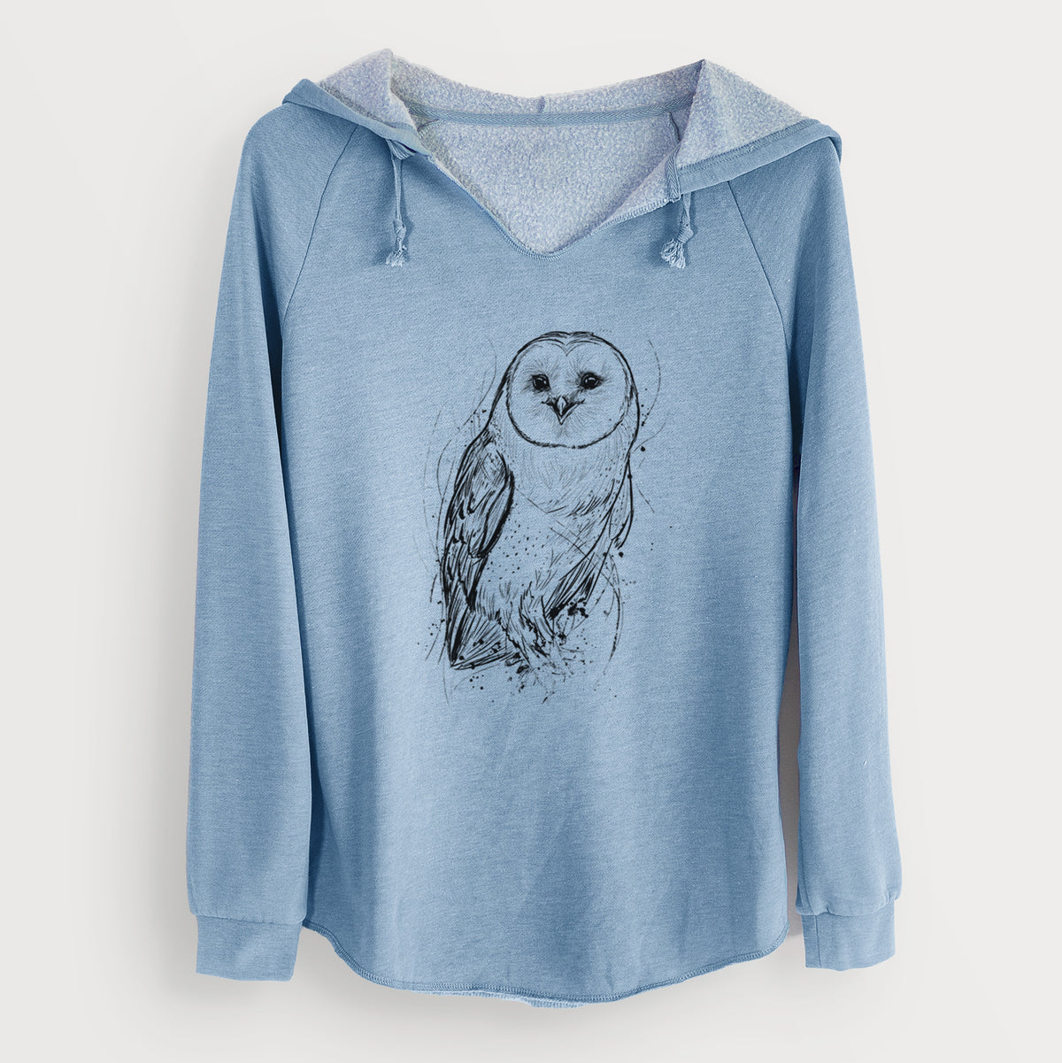 Misty blue women's Cali Wave hooded sweatshirt laid flat, printed with a detailed black ink illustration of a barn owl standing and facing forward.