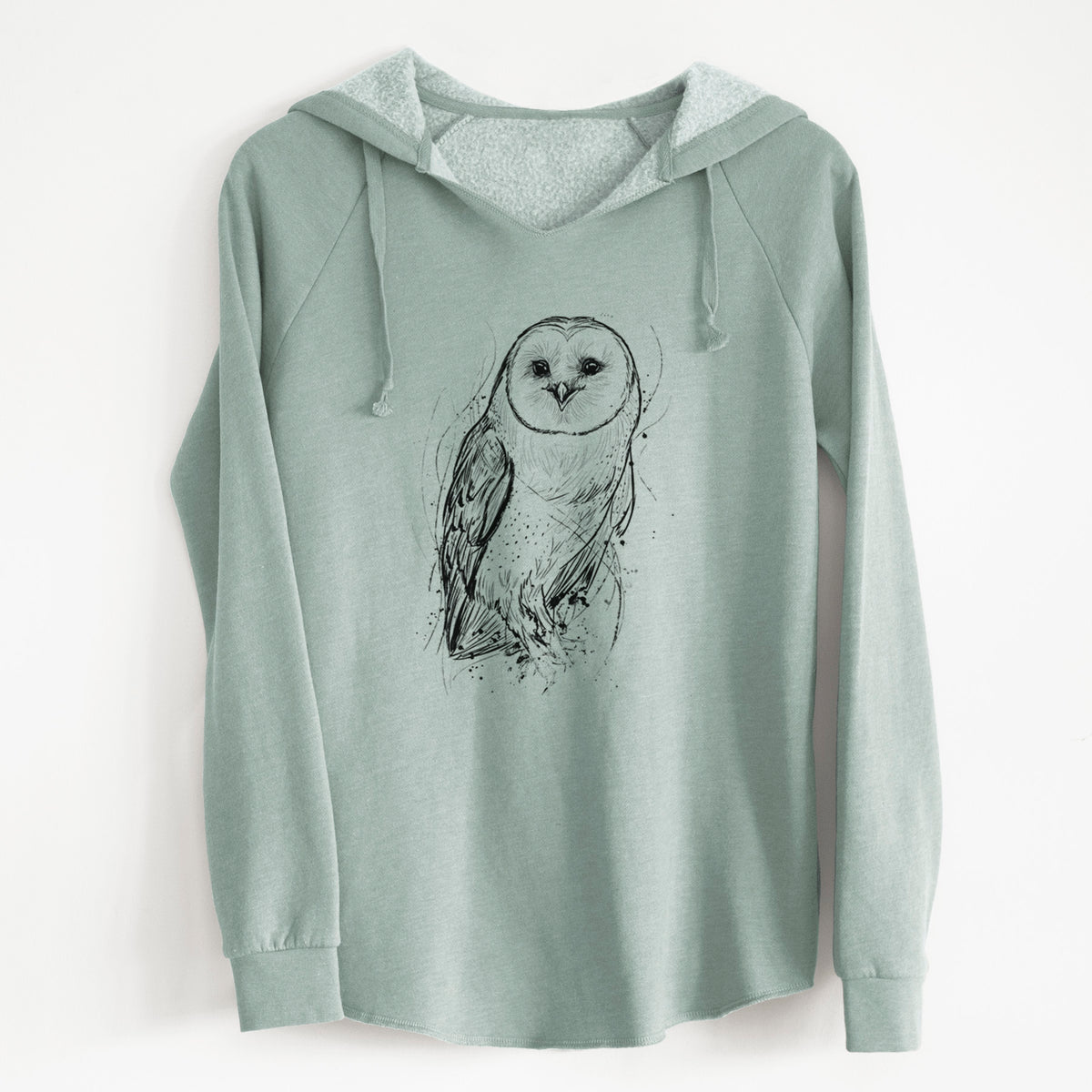 Sage green women's Cali Wave hooded sweatshirt laid flat, printed with a detailed black ink illustration of a barn owl standing and facing forward.