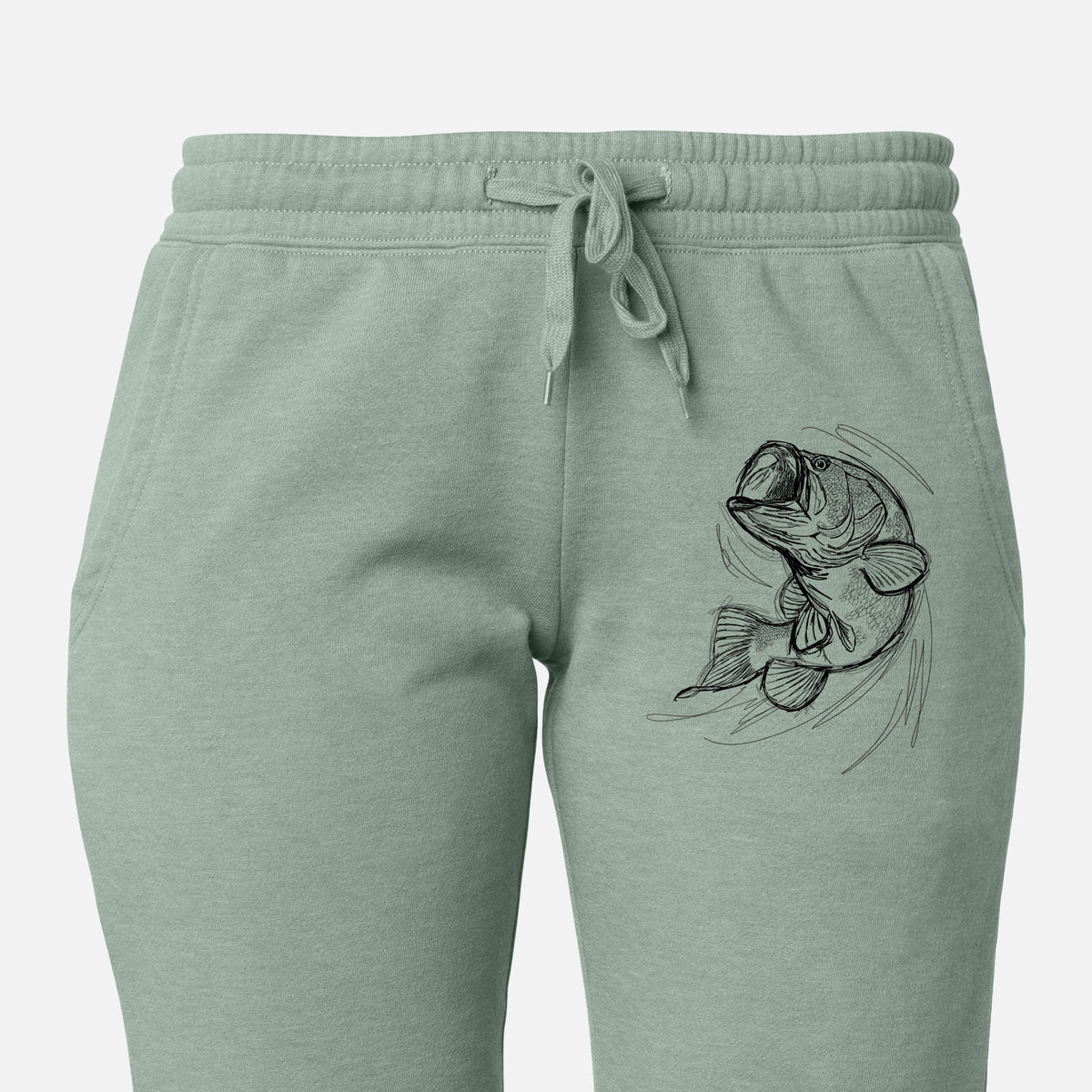 Front of sage green Cali Wave sweatpants, printed with a detailed black ink illustration of a largemouth bass leaping with its mouth open on the leg.