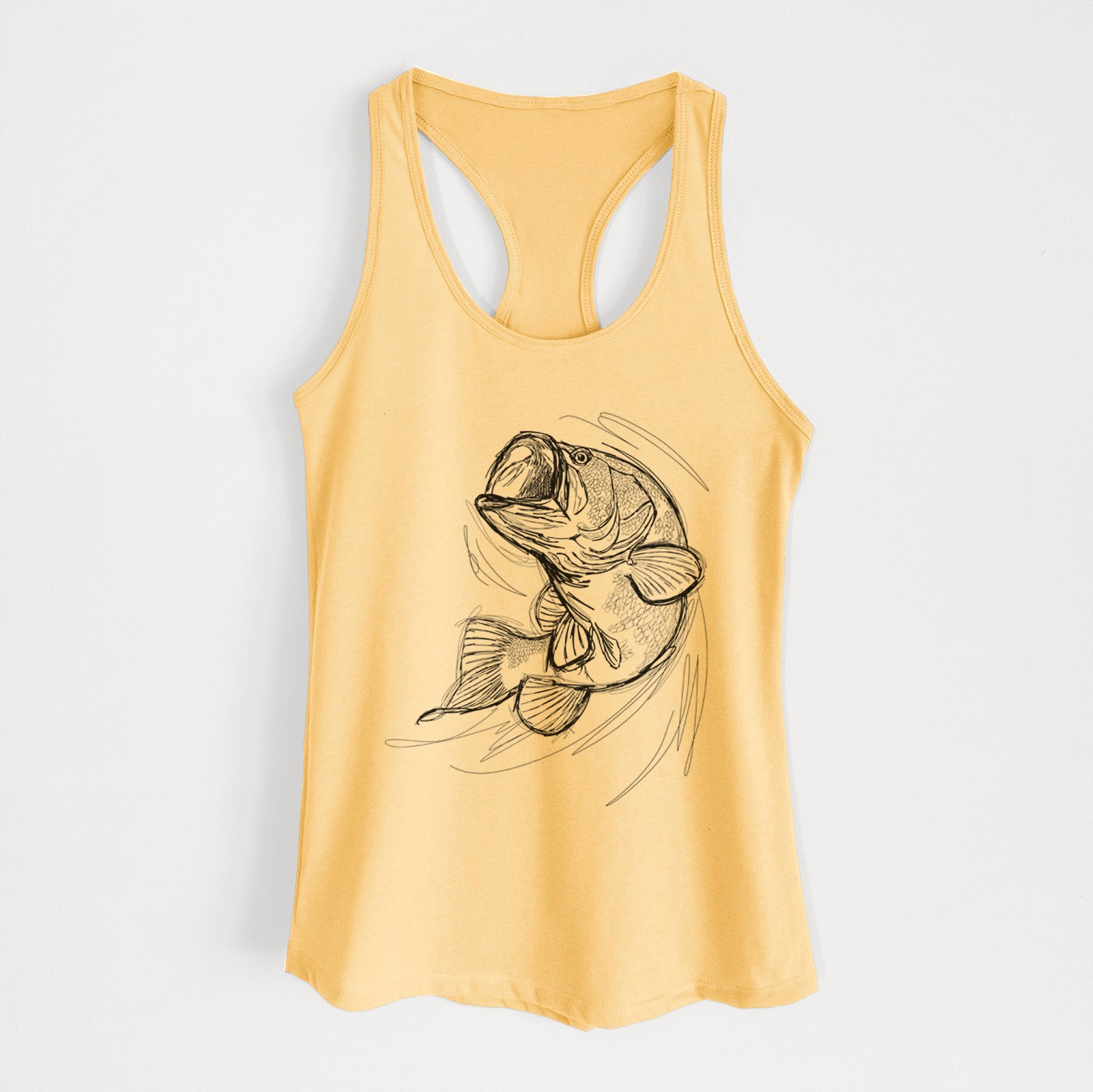 Banana cream women's racerback tank top laid flat, printed with a detailed black ink illustration of a largemouth bass leaping with its mouth open.
