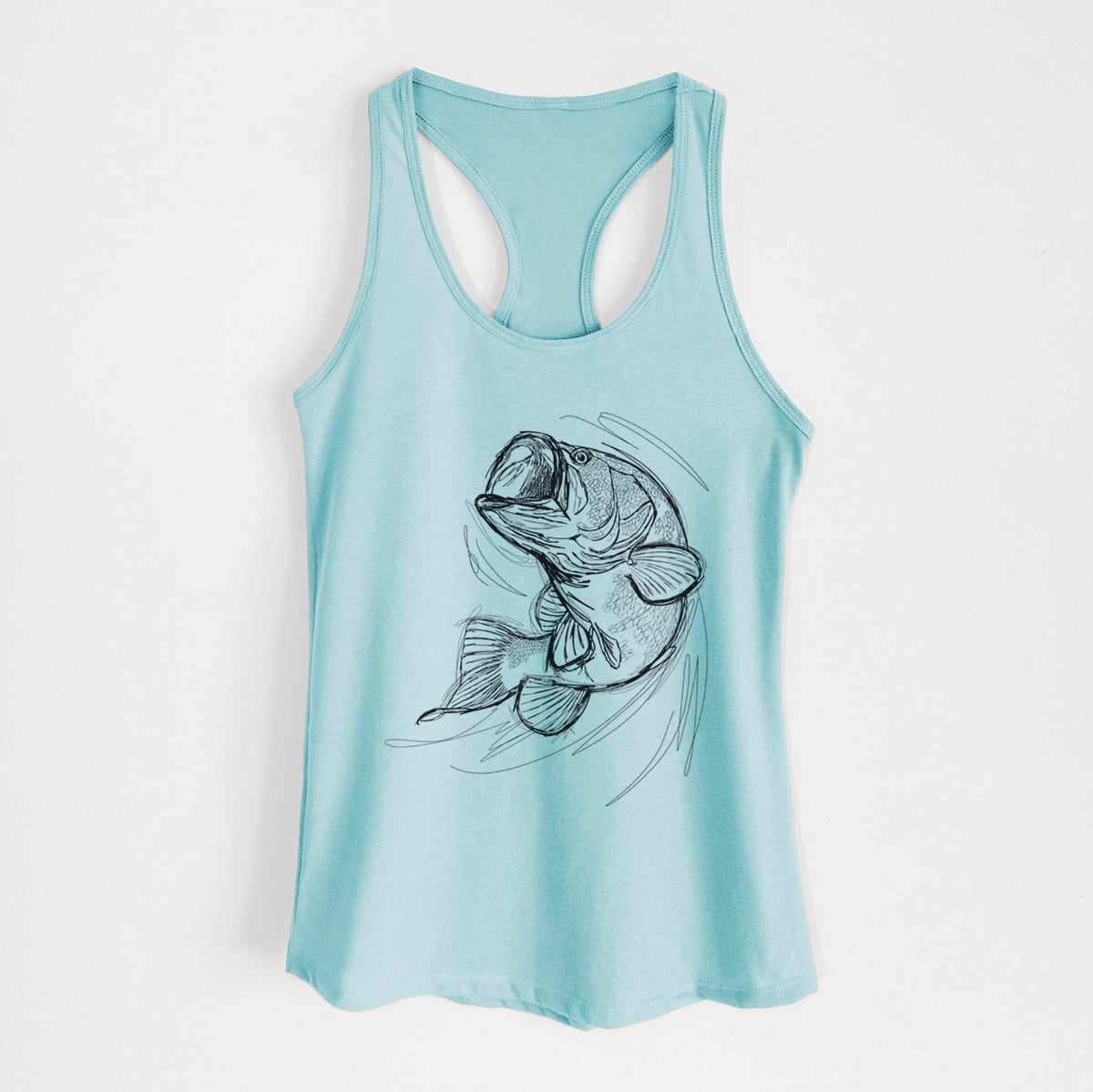 Cancun blue women's racerback tank top laid flat, printed with a detailed black ink illustration of a largemouth bass leaping with its mouth open.