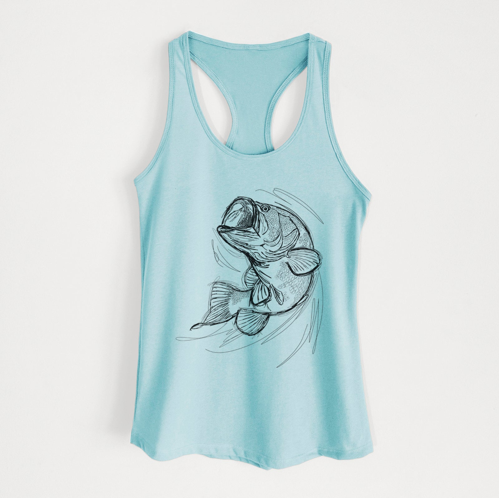 Banana cream women's racerback tank top laid flat, printed with a detailed black ink illustration of a largemouth bass leaping with its mouth open.