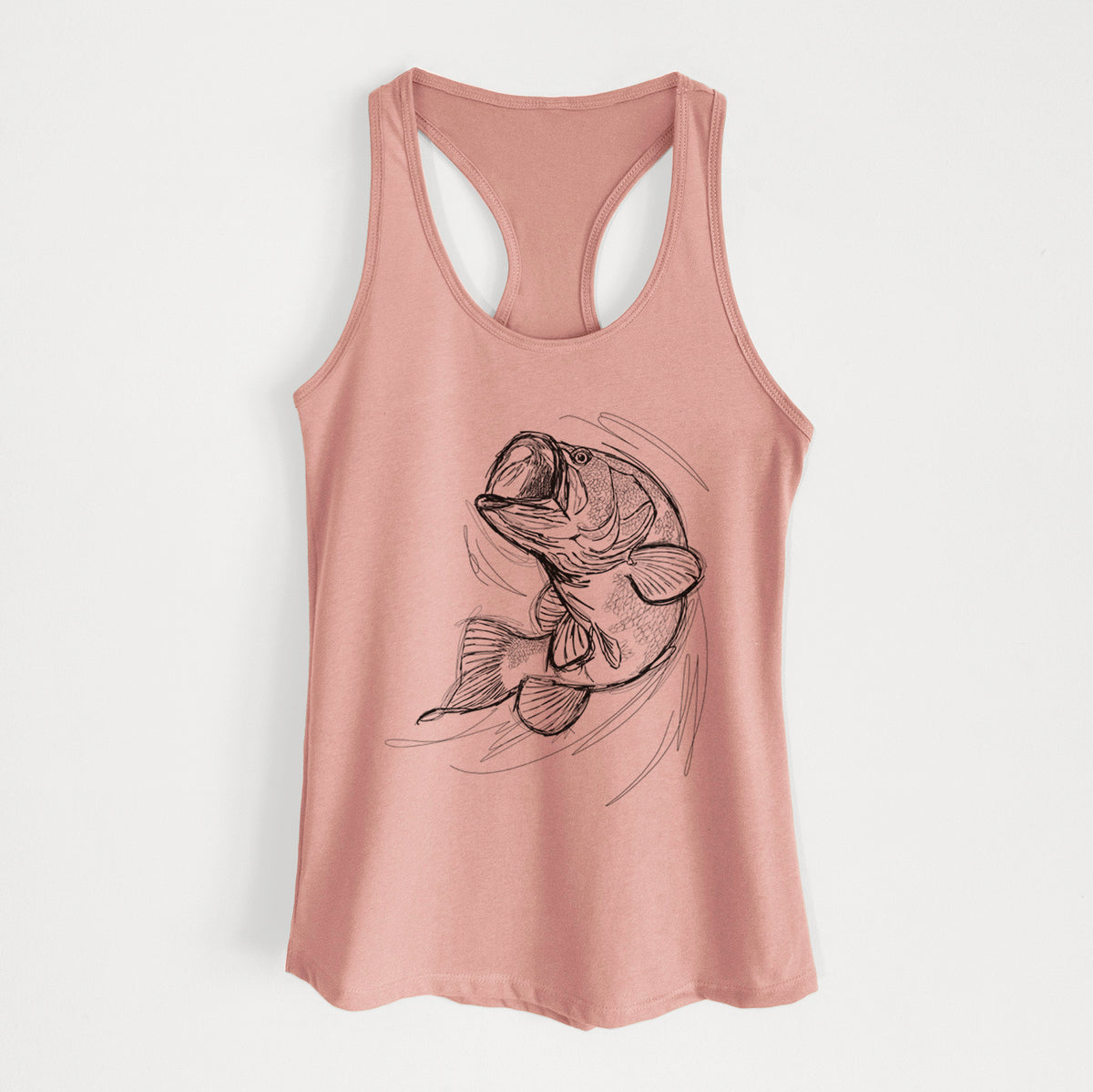 Desert pink women's racerback tank top laid flat, printed with a detailed black ink illustration of a largemouth bass leaping with its mouth open.