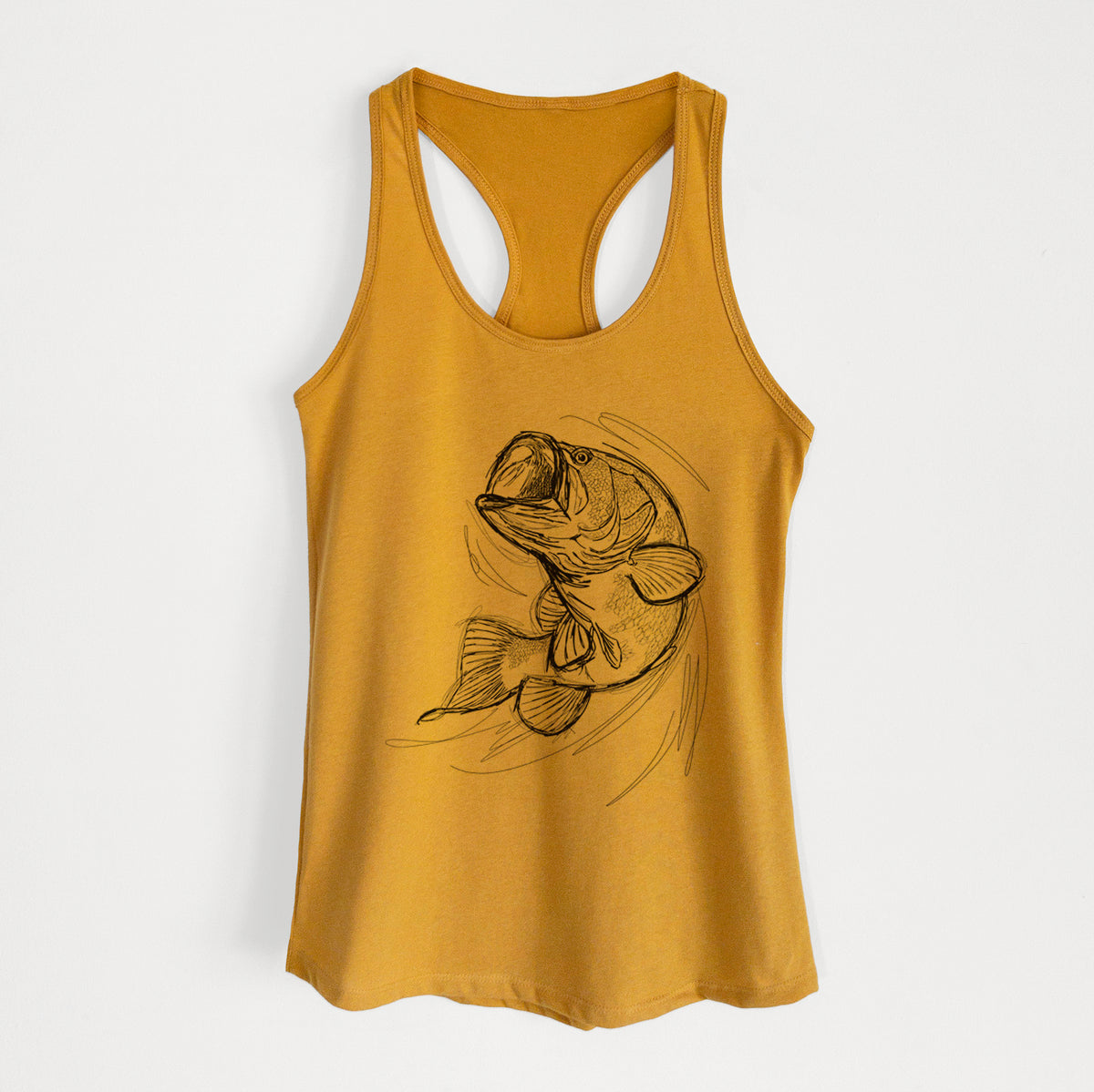 Gold women's racerback tank top laid flat, printed with a detailed black ink illustration of a largemouth bass leaping with its mouth open.