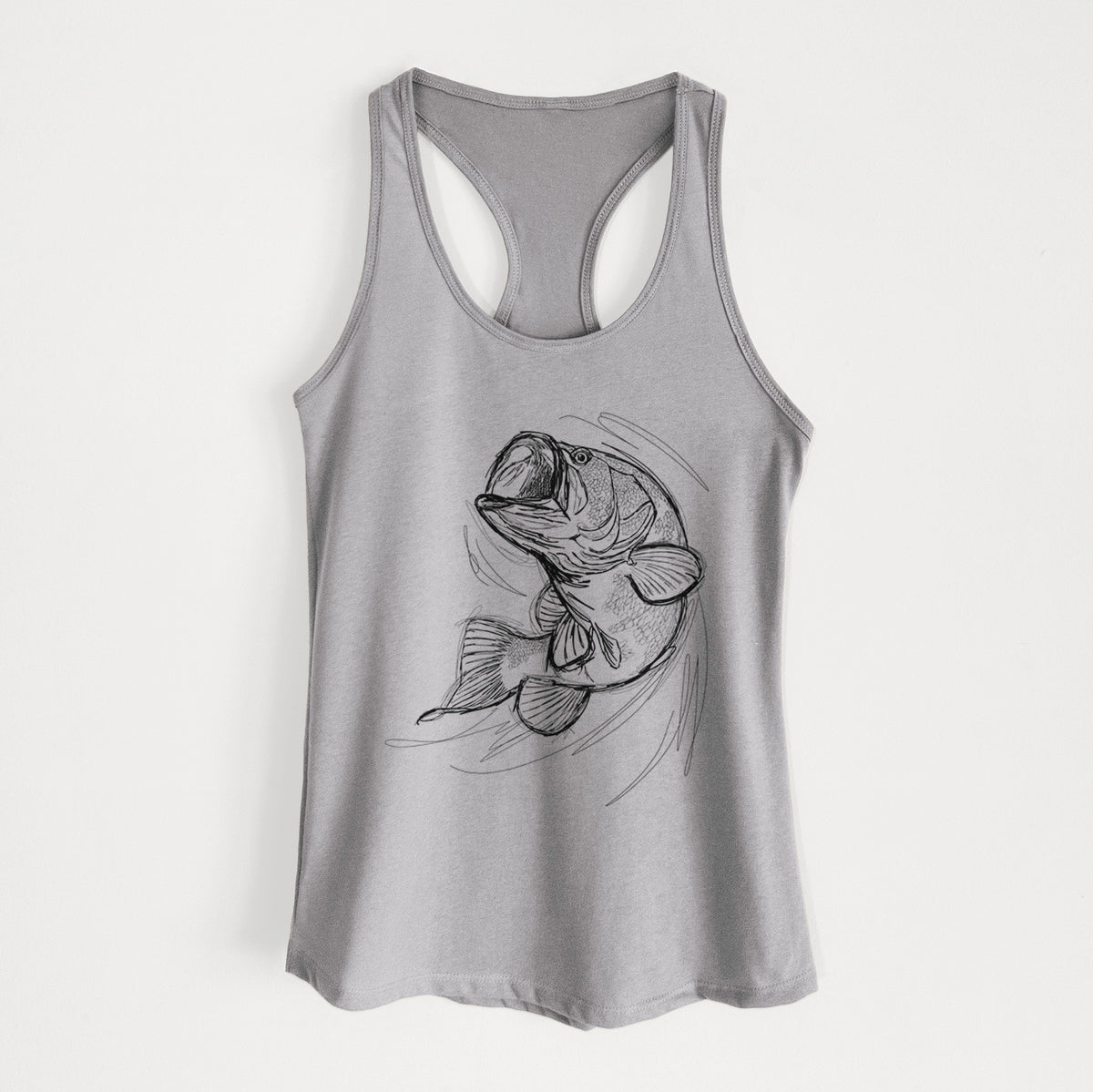Heather grey women's racerback tank top laid flat, printed with a detailed black ink illustration of a largemouth bass leaping with its mouth open.