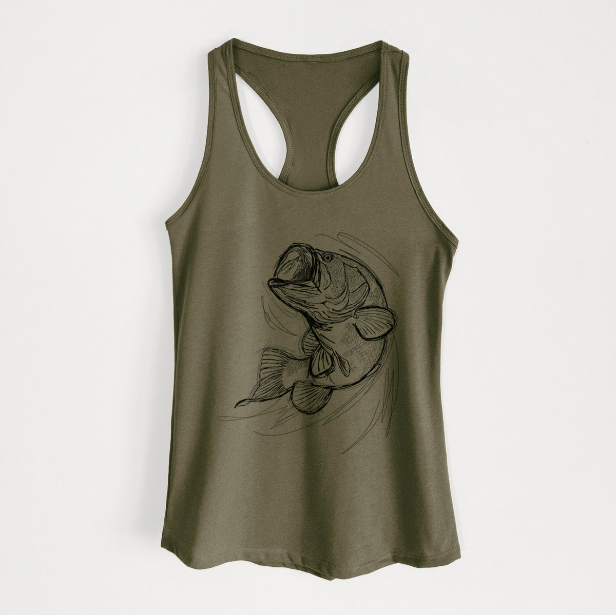 Military green women's racerback tank top laid flat, printed with a detailed black ink illustration of a largemouth bass leaping with its mouth open.