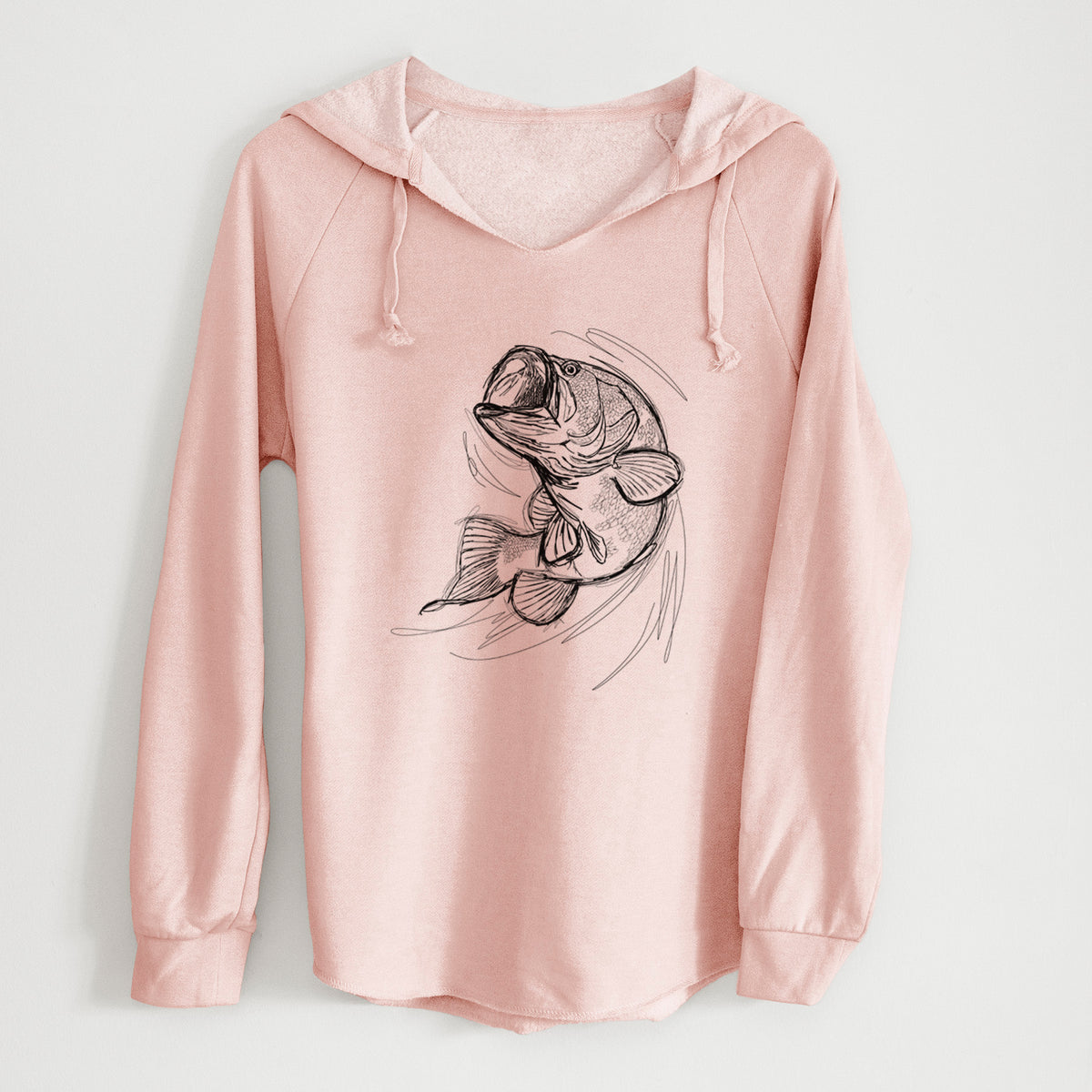 Blush pink women's Cali Wave hooded sweatshirt laid flat, printed with a detailed black ink illustration of a largemouth bass leaping with its mouth open.