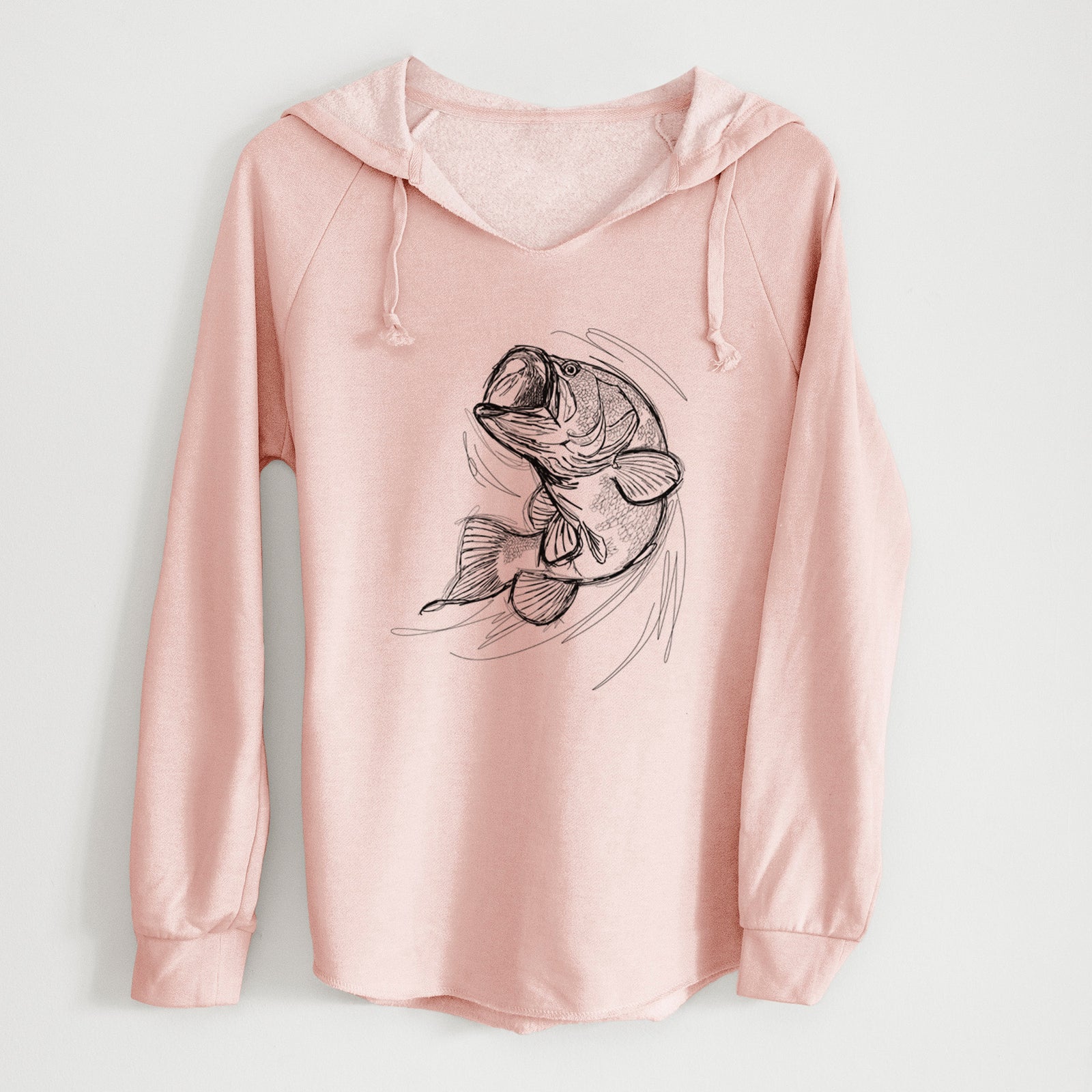Sage green women's Cali Wave hooded sweatshirt laid flat, printed with a detailed black ink illustration of a largemouth bass leaping with its mouth open.
