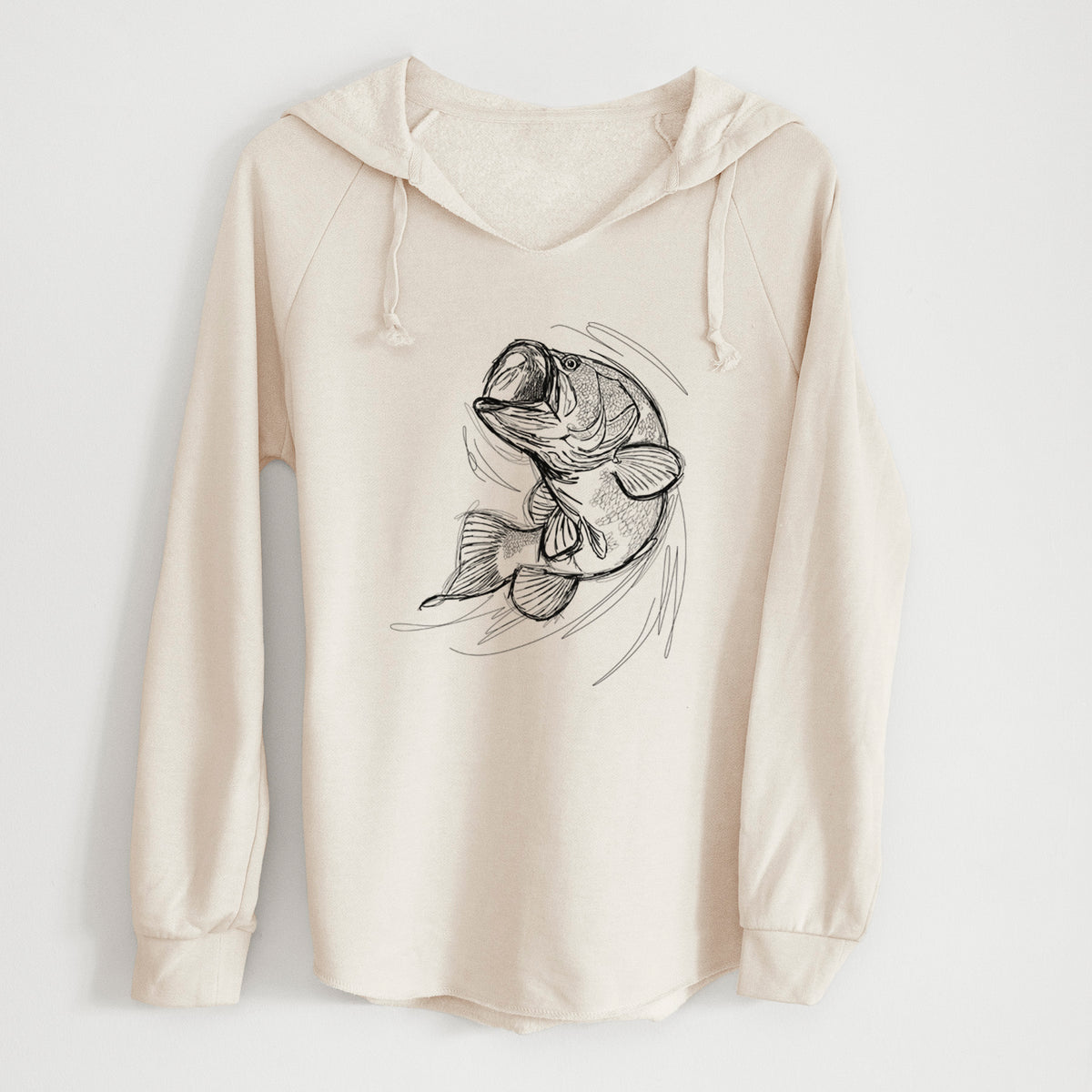 Bone cream women's Cali Wave hooded sweatshirt laid flat, printed with a detailed black ink illustration of a largemouth bass leaping with its mouth open.