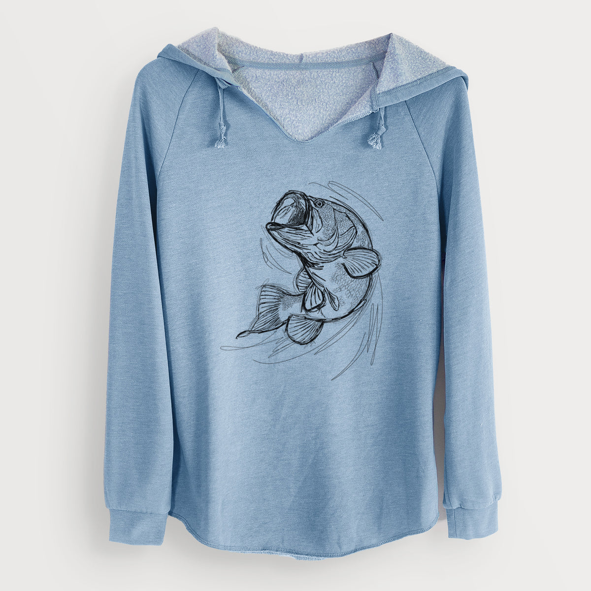 Misty blue women's Cali Wave hooded sweatshirt laid flat, printed with a detailed black ink illustration of a largemouth bass leaping with its mouth open.