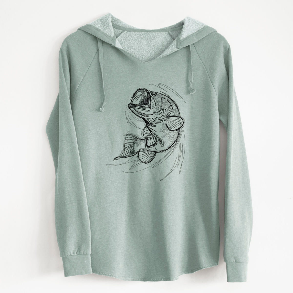 Sage green women's Cali Wave hooded sweatshirt laid flat, printed with a detailed black ink illustration of a largemouth bass leaping with its mouth open.