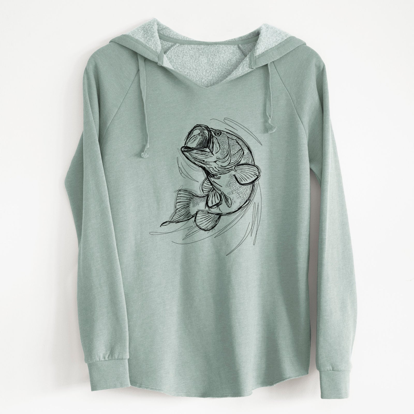 Sage green women's Cali Wave hooded sweatshirt laid flat, printed with a detailed black ink illustration of a largemouth bass leaping with its mouth open.