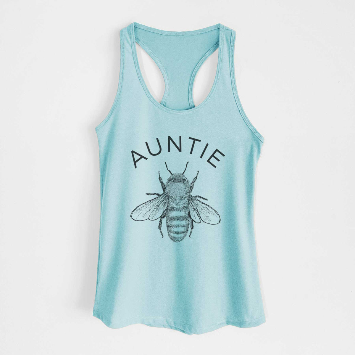 Cancun blue women's racerback tank top laid flat, printed with a black ink honey bee beneath the word Auntie.