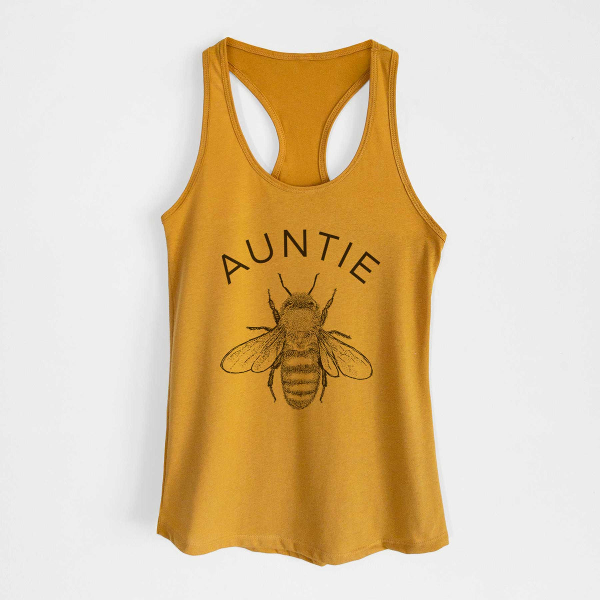 Gold women's racerback tank top laid flat, printed with a black ink honey bee beneath the word Auntie.