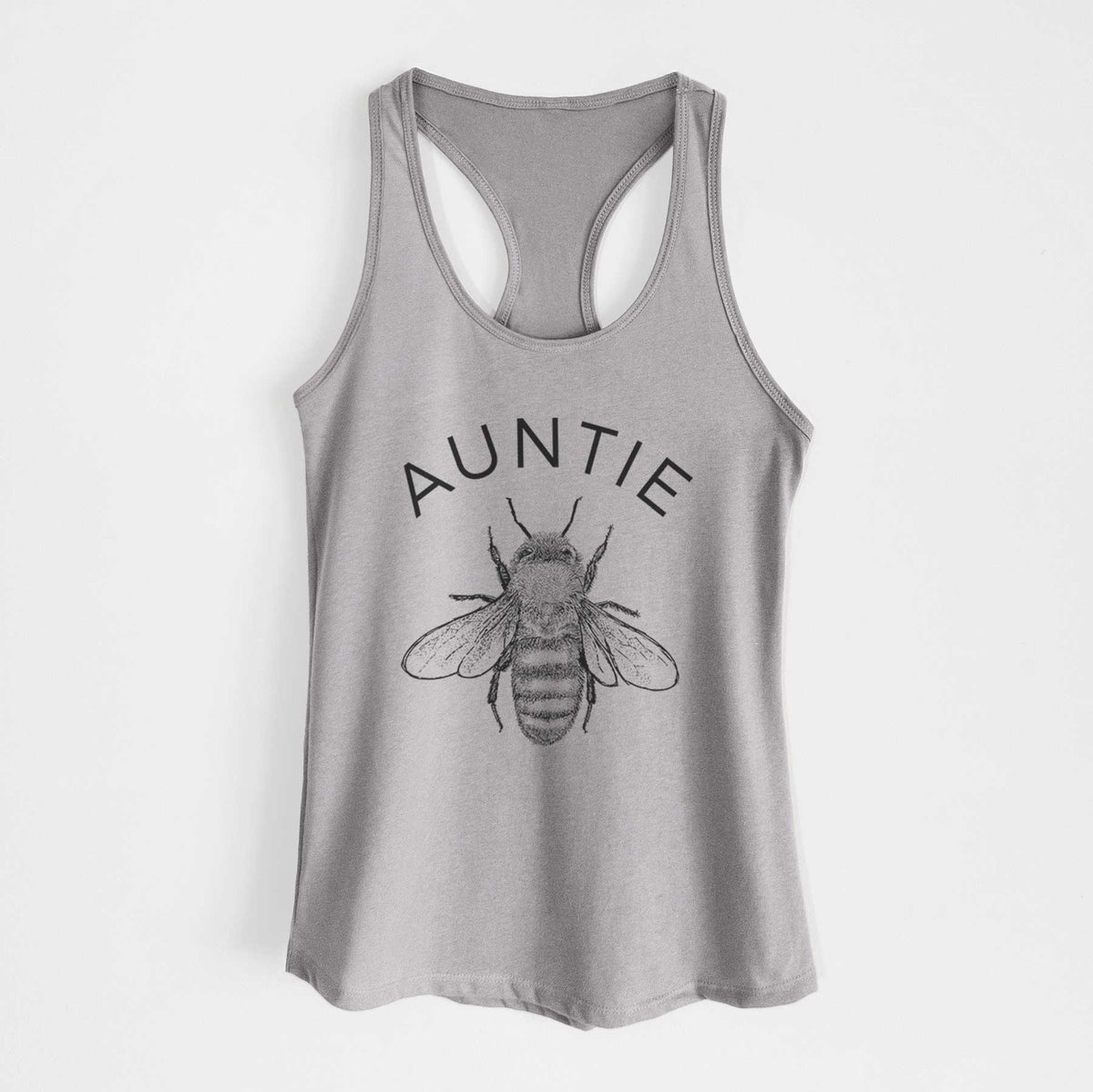 Heather grey women's racerback tank top laid flat, printed with a black ink honey bee beneath the word Auntie.