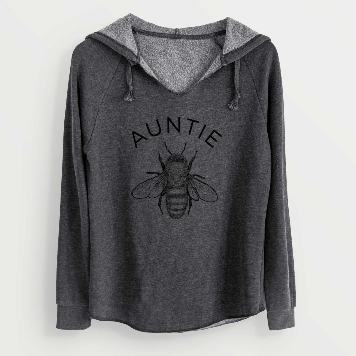 Charcoal grey women's Cali Wave hooded sweatshirt laid flat, printed with a black ink honey bee beneath the word Auntie.