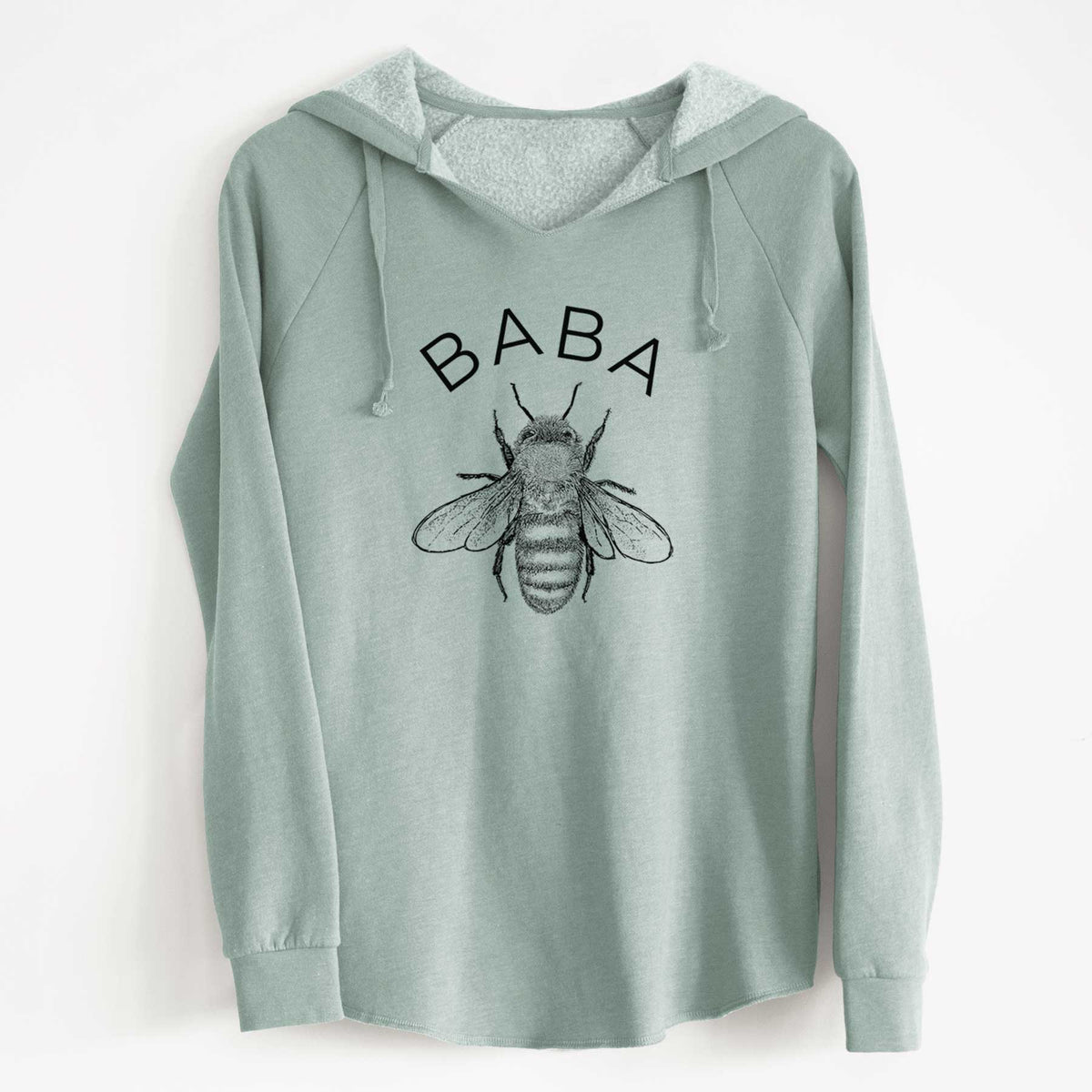 Sage green women's Cali Wave hooded sweatshirt laid flat, printed with a black ink honey bee beneath the word Baba.