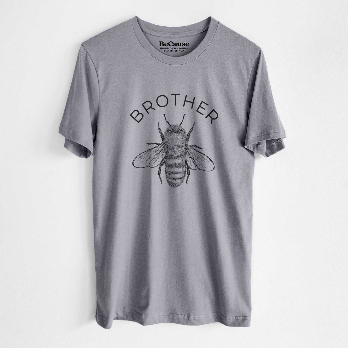 Storm grey lightweight cotton t-shirt laid flat, printed with a black ink honey bee beneath the word Brother.