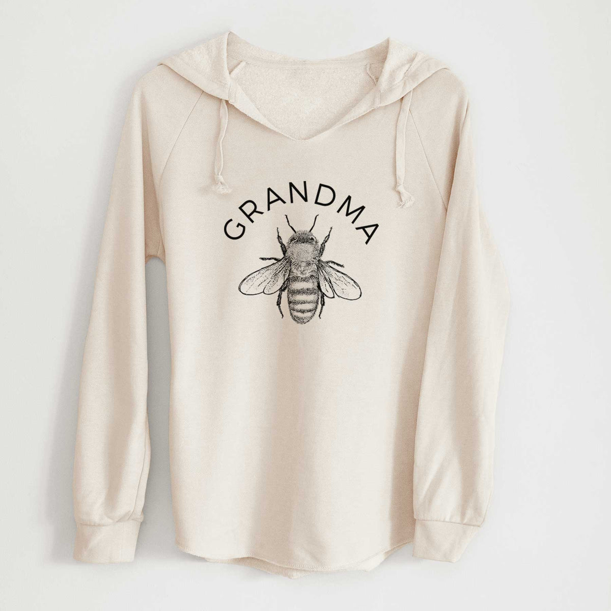 Bone cream women's Cali Wave hooded sweatshirt laid flat, printed with a black ink honey bee beneath the word Grandma.