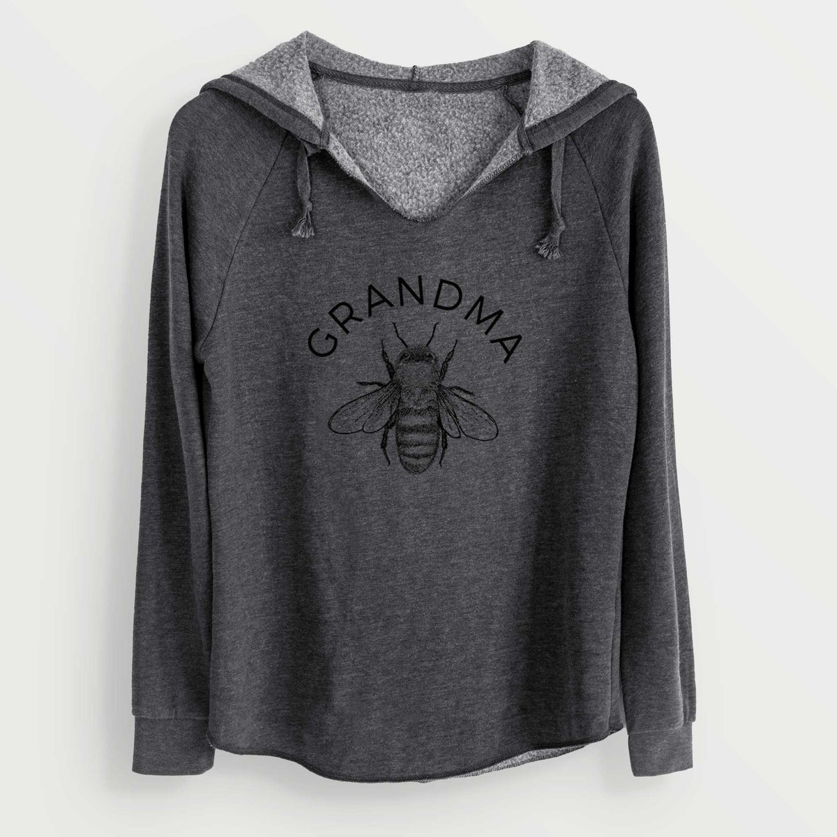 Charcoal grey women's Cali Wave hooded sweatshirt laid flat, printed with a black ink honey bee beneath the word Grandma.