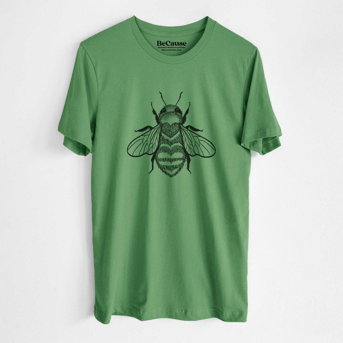 Leaf green lightweight cotton t-shirt laid flat, printed with a black ink bee with a heart pattern on its body.