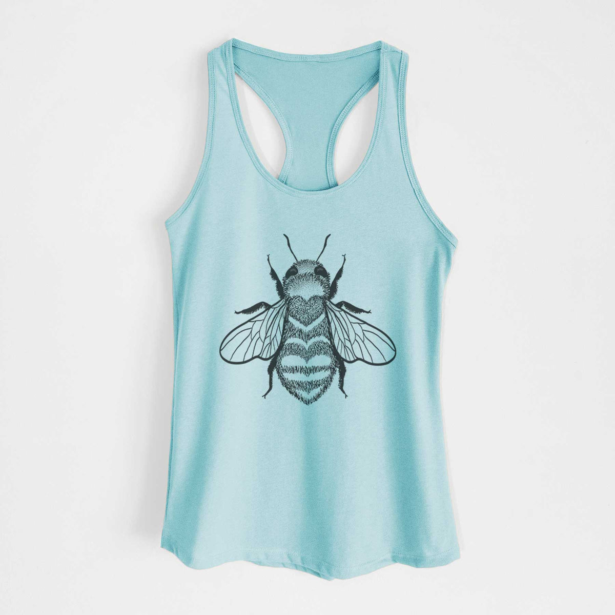 Cancun blue women's racerback tank top laid flat, printed with a black ink bee with a heart pattern on its body.