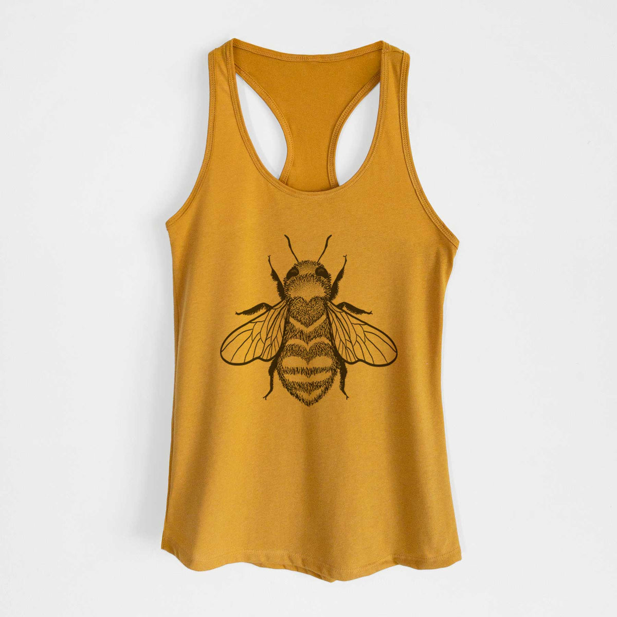 Gold women's racerback tank top laid flat, printed with a black ink bee with a heart pattern on its body.