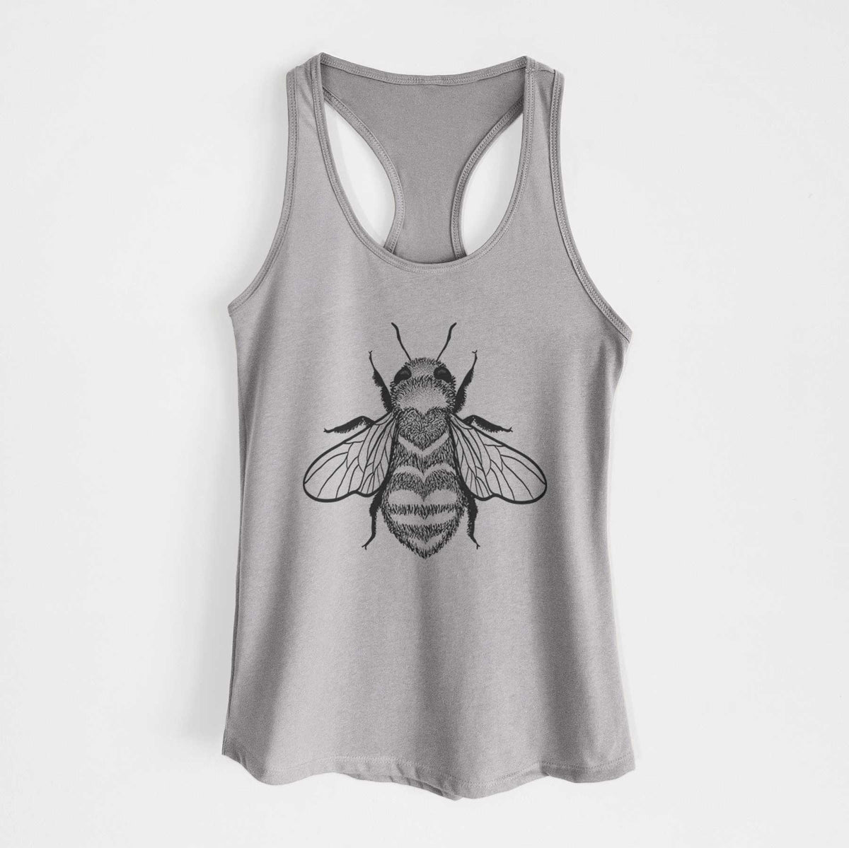 Heather grey women's racerback tank top laid flat, printed with a black ink bee with a heart pattern on its body.