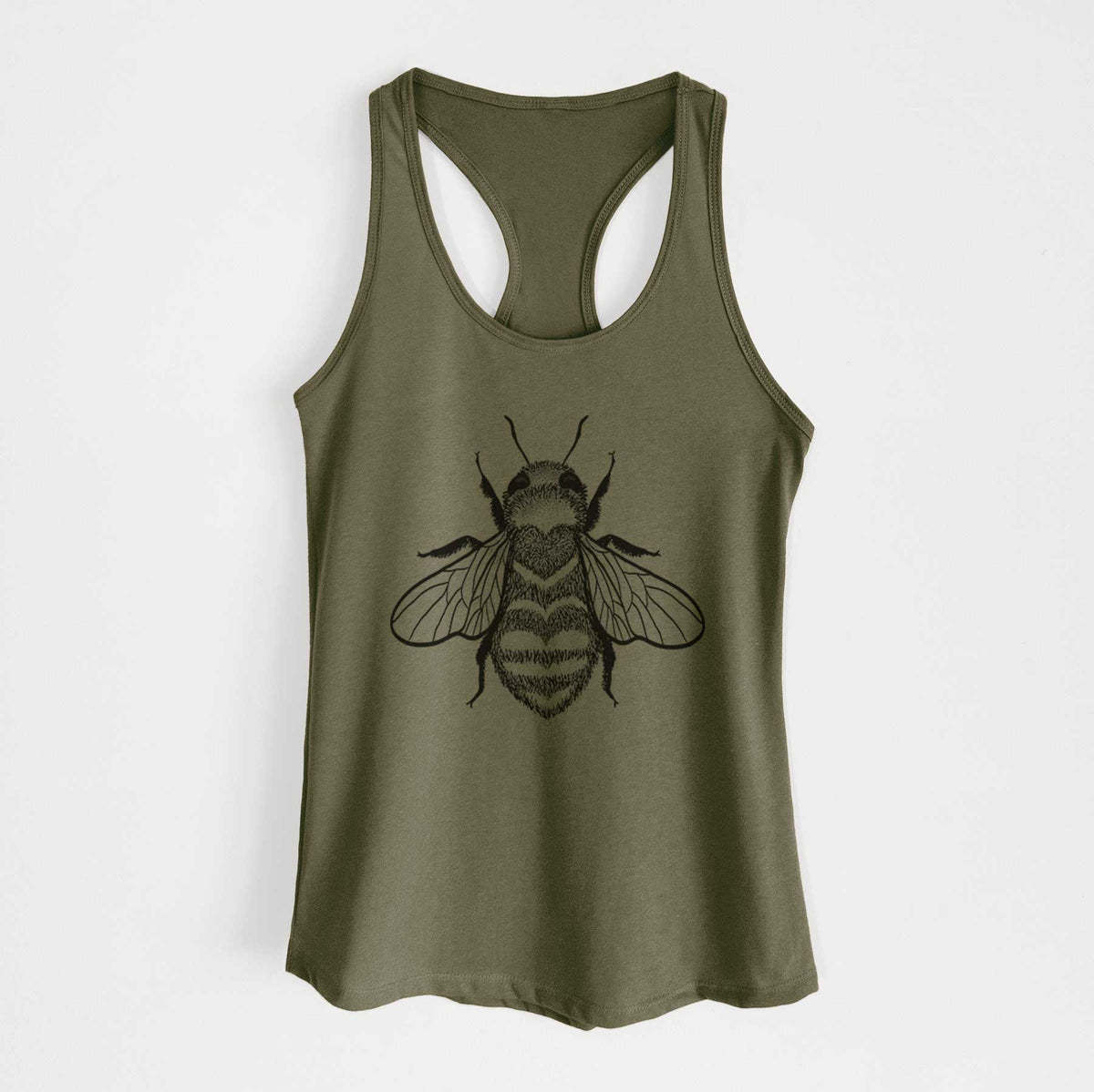 Military green women's racerback tank top laid flat, printed with a black ink bee with a heart pattern on its body.
