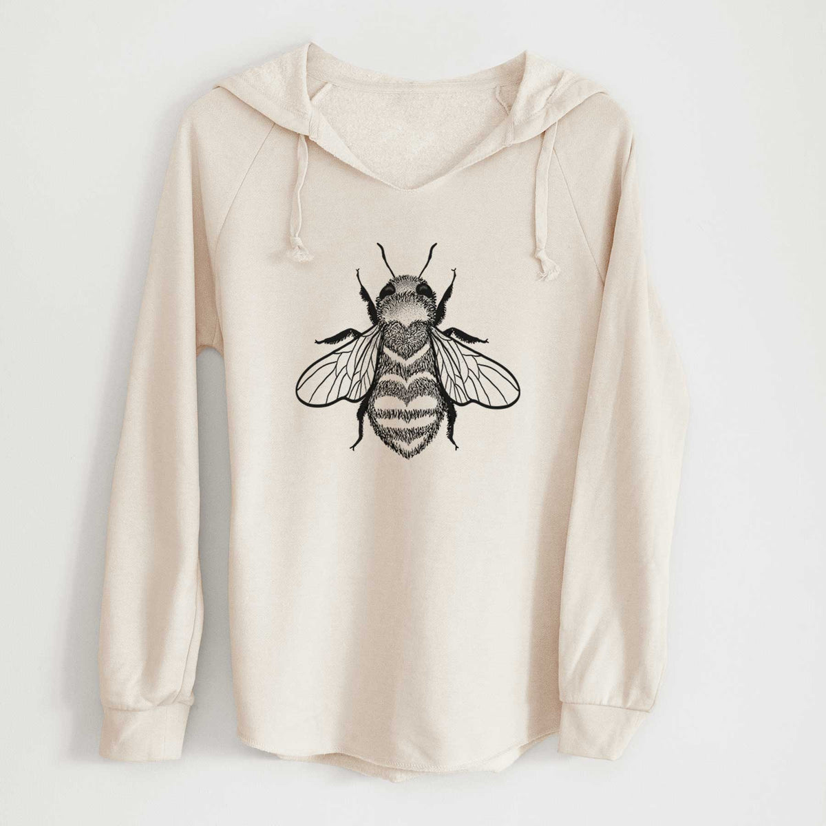 Bone cream women's Cali Wave hooded sweatshirt laid flat, printed with a black ink bee with a heart pattern on its body.