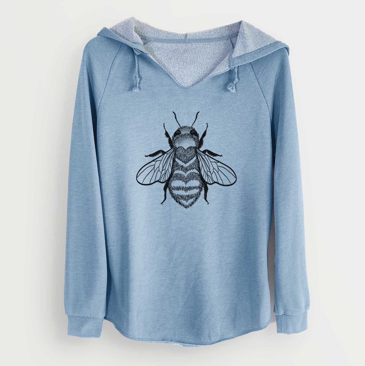 Misty blue women's Cali Wave hooded sweatshirt laid flat, printed with a black ink bee with a heart pattern on its body.