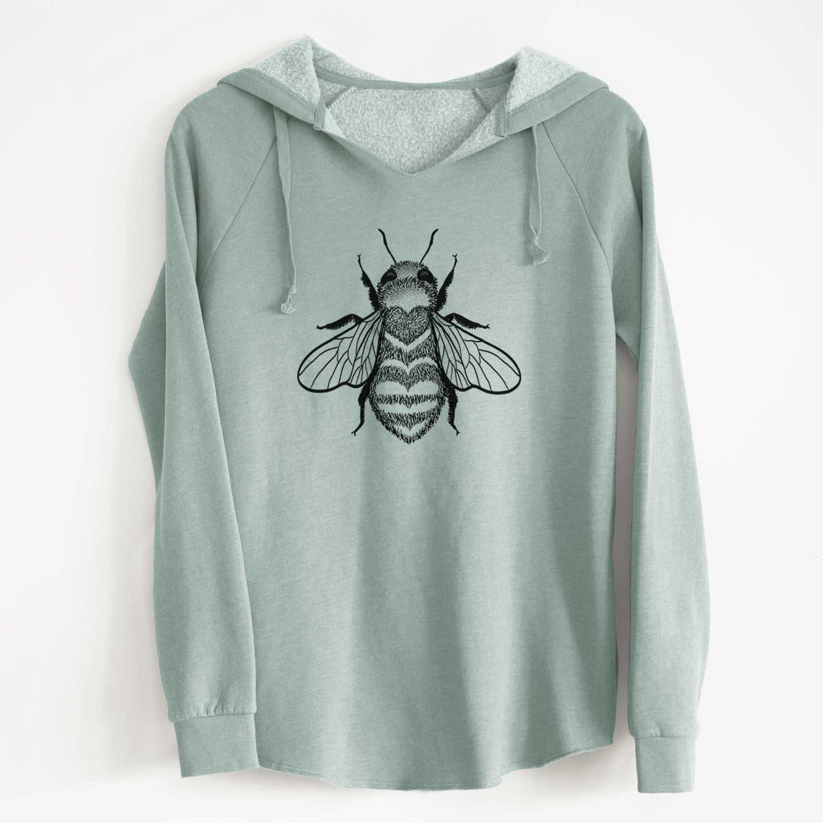 Sage green women's Cali Wave hooded sweatshirt laid flat, printed with a black ink bee with a heart pattern on its body.