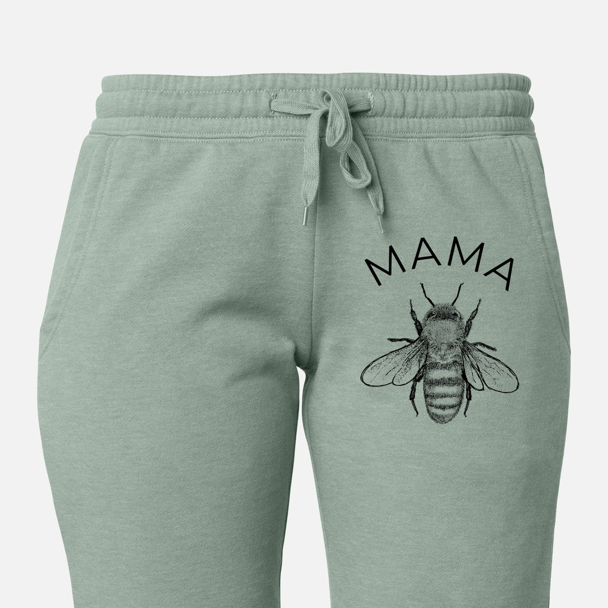 Front of sage green Cali Wave sweatpants, printed with a black ink honey bee beneath the word Mama on the leg.
