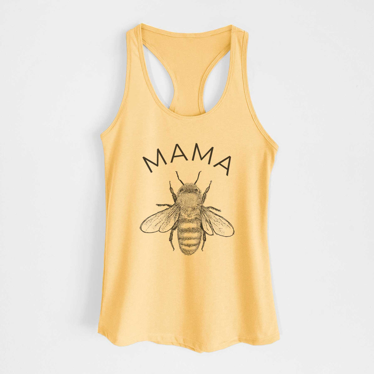 Banana cream women's racerback tank top laid flat, printed with a black ink honey bee beneath the word Mama.