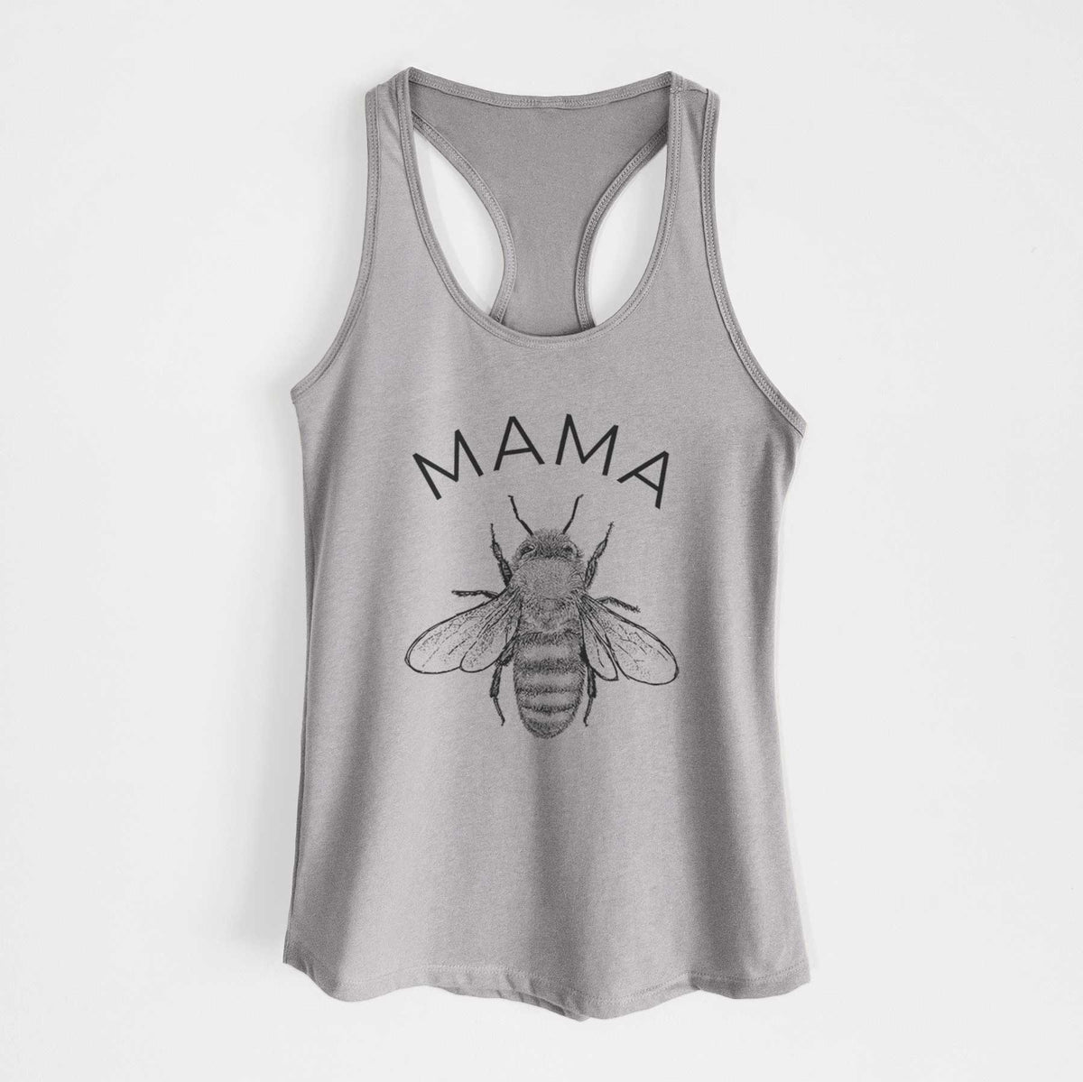 Heather grey women's racerback tank top laid flat, printed with a black ink honey bee beneath the word Mama.