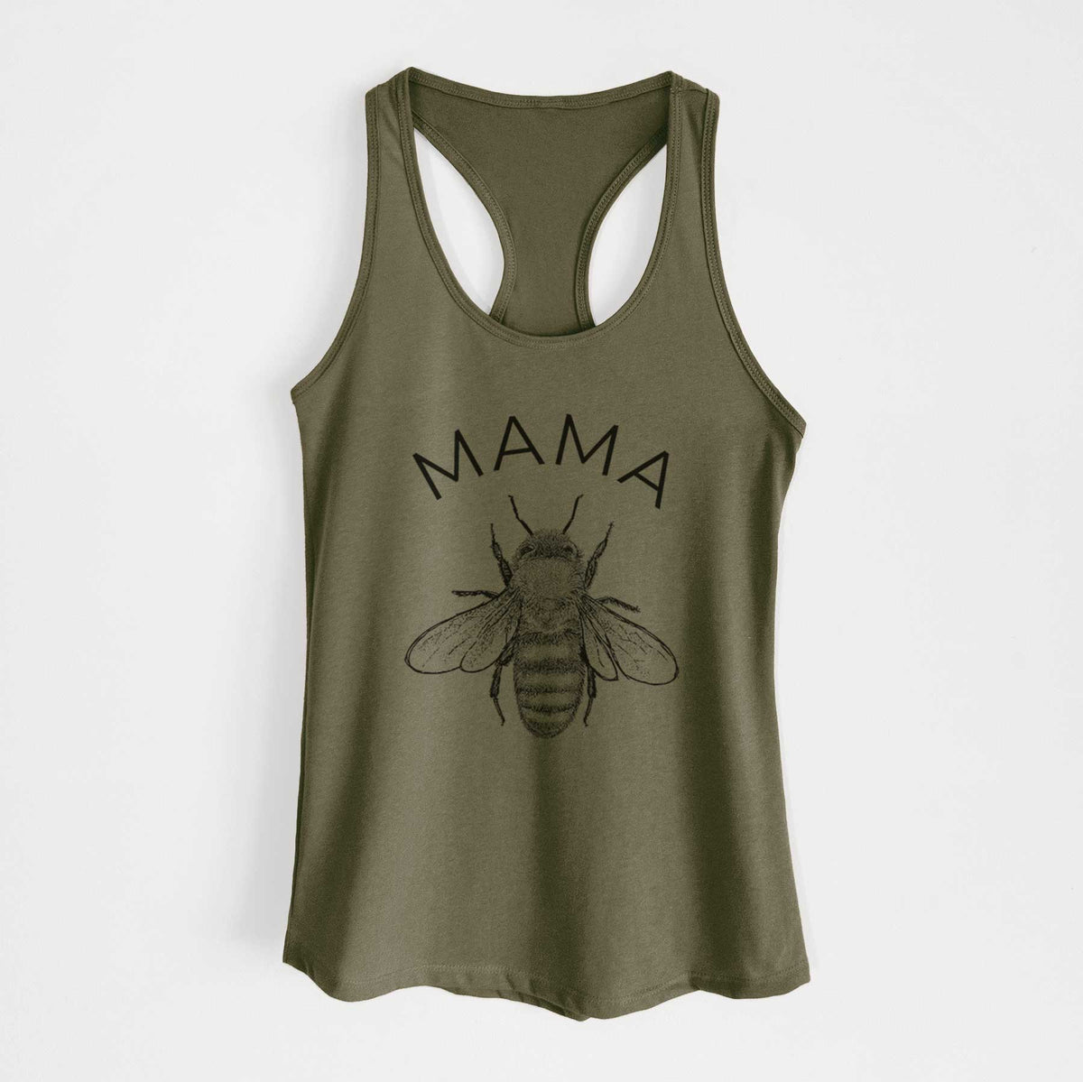 Military green women's racerback tank top laid flat, printed with a black ink honey bee beneath the word Mama.