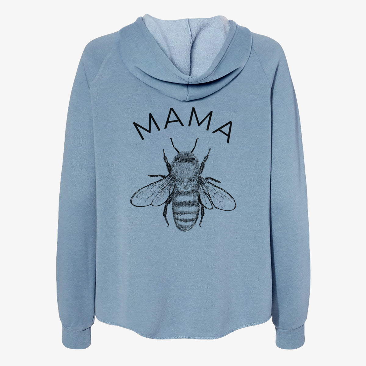 Misty blue women's Cali Wave zip-up sweatshirt laid flat, printed with a black ink honey bee beneath the word Mama.