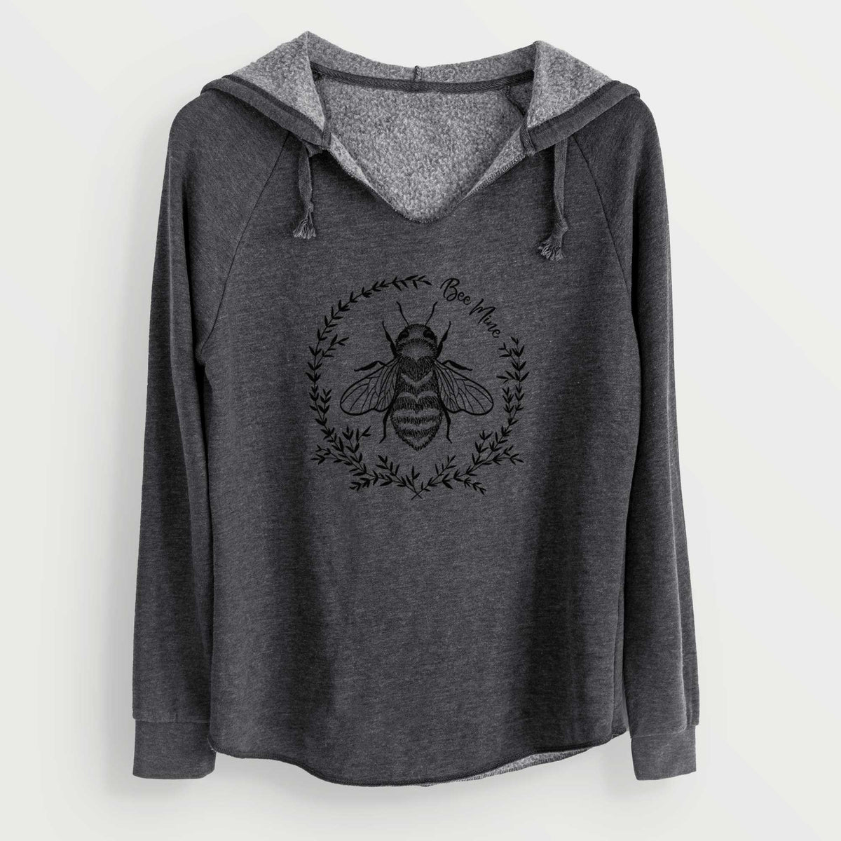 Charcoal grey women's Cali Wave hooded sweatshirt laid flat, printed with a black ink bee inside a wreath of leaves with the words Bee Mine.