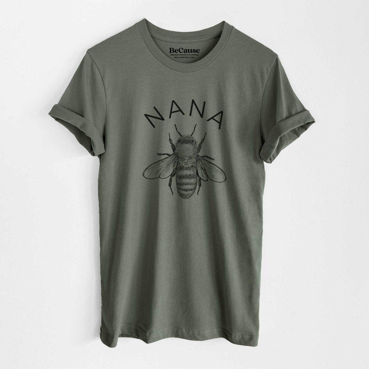 Military green lightweight cotton t-shirt laid flat, printed with a black ink honey bee beneath the word Nana.