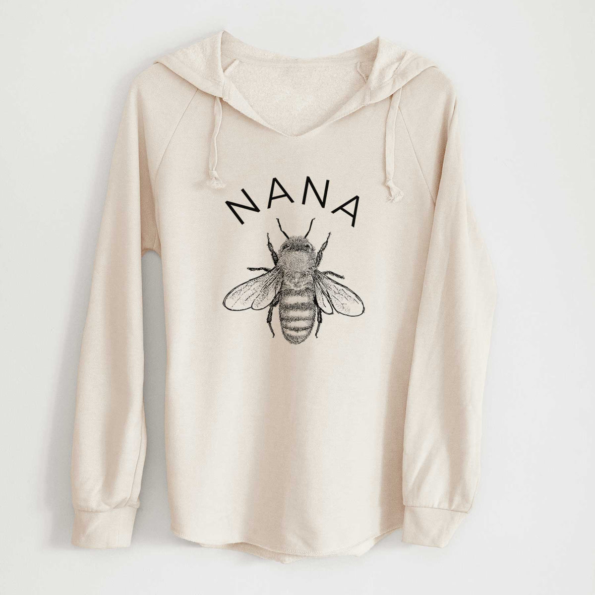 Bone cream women's Cali Wave hooded sweatshirt laid flat, printed with a black ink honey bee beneath the word Nana.