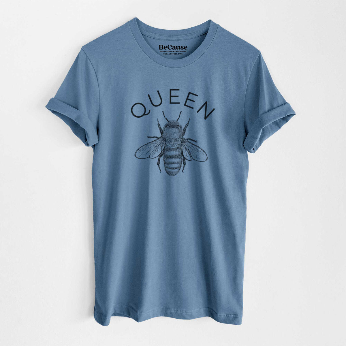 Steel blue lightweight cotton t-shirt laid flat, printed with a black ink honey bee beneath the word Queen.