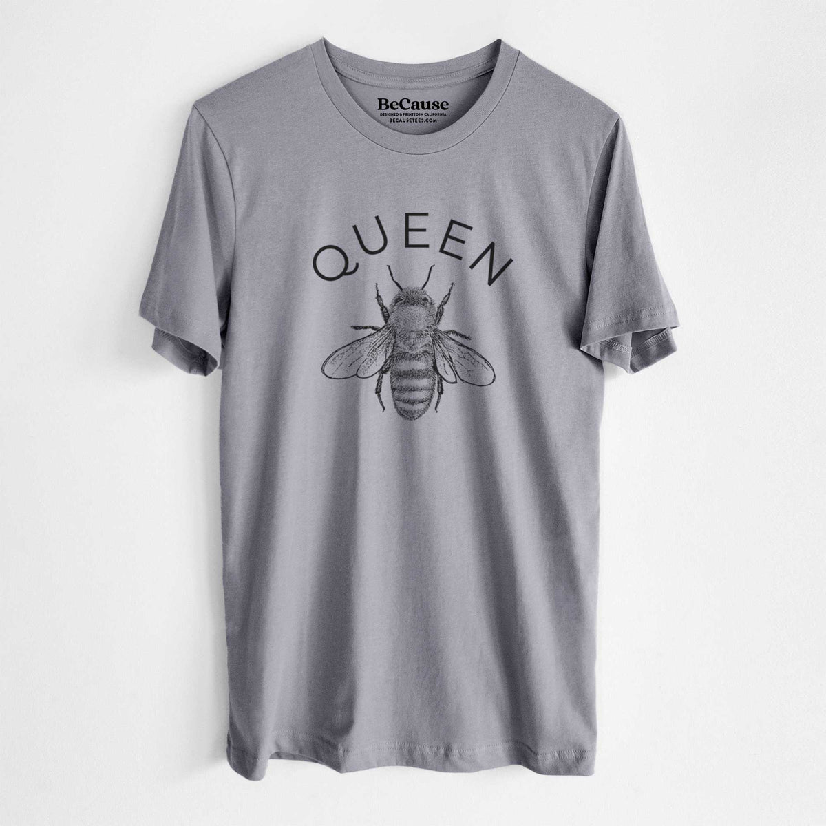 Storm grey lightweight cotton t-shirt laid flat, printed with a black ink honey bee beneath the word Queen.