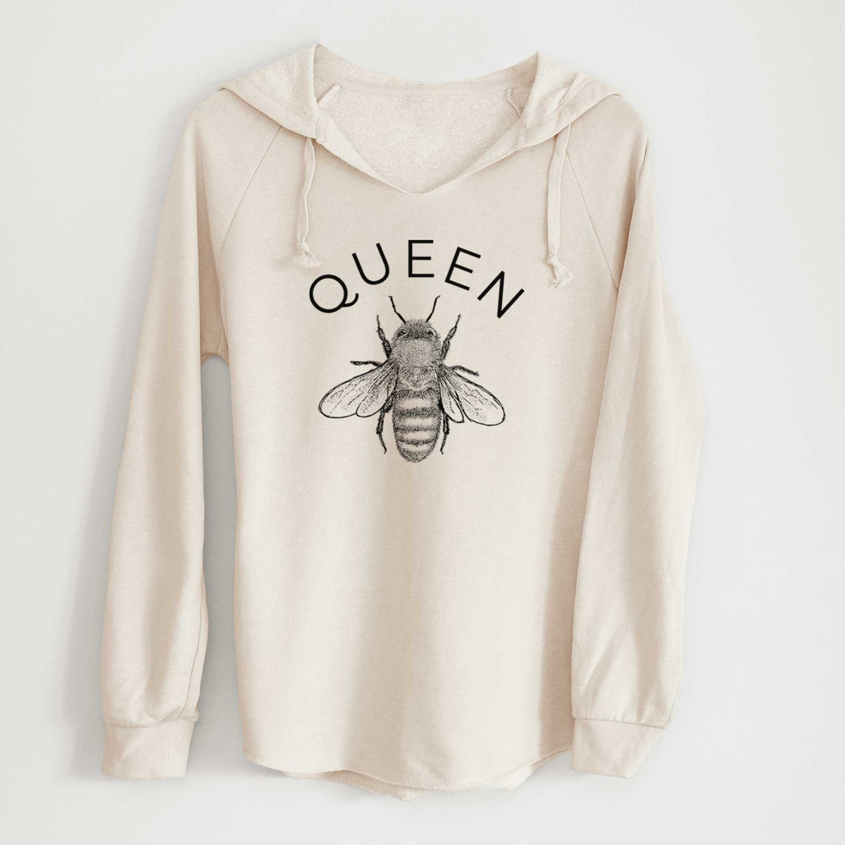Bone cream women's Cali Wave hooded sweatshirt laid flat, printed with a black ink honey bee beneath the word Queen.