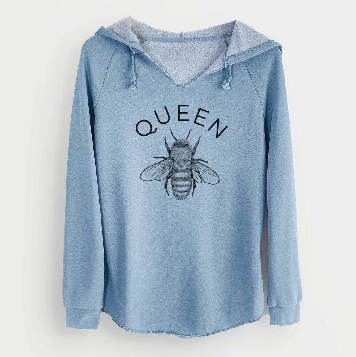 Misty blue women's Cali Wave hooded sweatshirt laid flat, printed with a black ink honey bee beneath the word Queen.